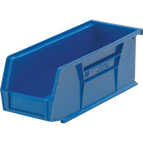 A latching lid offers a greater level of security, ensuring the lid and contents aren't dislodged when moving bins around. Quantum Storage Heavy Duty Stacking Bins — 10 7/8in. x 4 1/8in. x 4in. Size, Blue, Carton of 12 ...