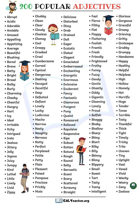 List Of Adjectives 200 Popular Adjectives In English Esl Teachers