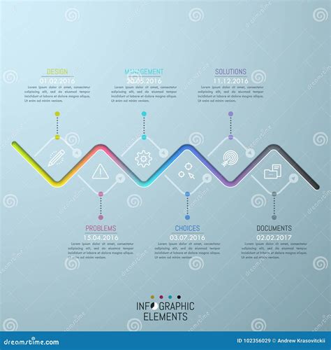 Zigzag Horizontal Timeline And 6 Thin Line Icons Stock Vector