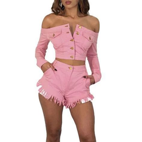 Sexy Pink Denim Two Pieces Shorts Set Women Spring Autumn Long Sleeve Off Shoulder Button Up