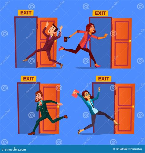 Character Evacuation To Open Door Exit Set Vector Stock Vector
