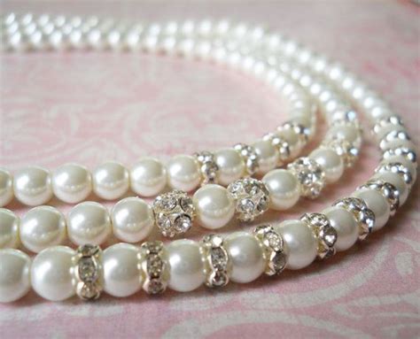 Silver Pearl Necklace Rhinestone Bridal Necklace Three Strand Etsy Unique Pearl Necklace