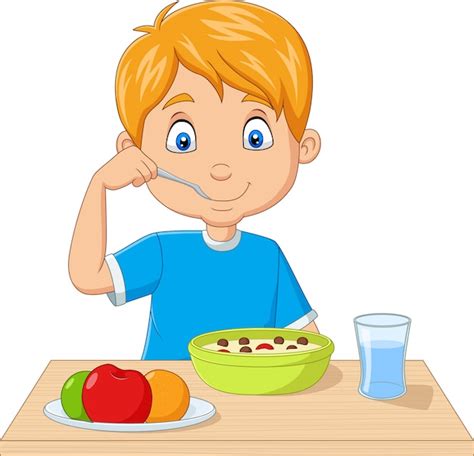 Premium Vector Cartoon Little Boy Having Breakfast Cereals With Fruits