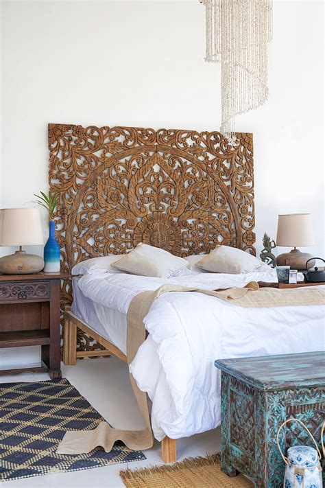 Kingsize Headboard Balinese Wooden Panel In Boho Design
