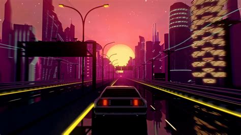 Retro Futuristic 80s Style Drive In Neon City Seamless Loop Of