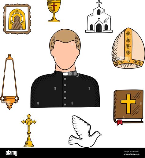 Sacerdote En Traje Negro Y Collar Blanco Con Símbolos Religiosos Como