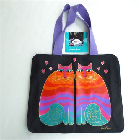 Laurel Burch Tote Bag Rainbow Cats Canvas Black Purple Tags New 1987