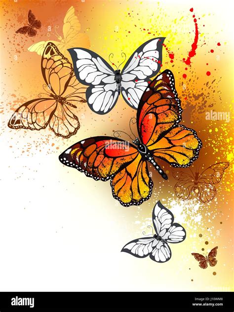 Bright Orange Butterflies Monarchs On The Background Painted With