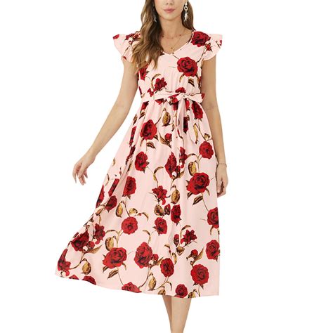 Pink Floral Flutter Sleeve Midi Dresses