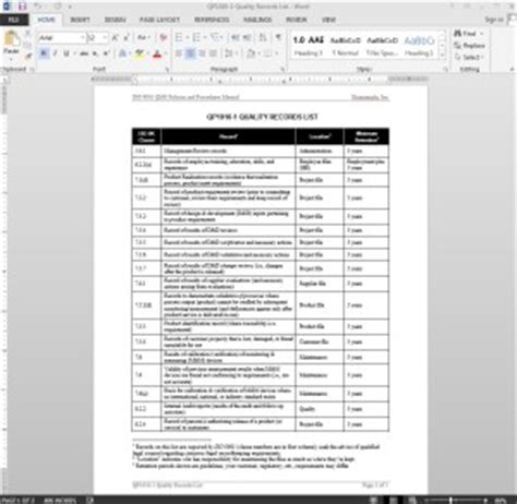 quality records list iso template