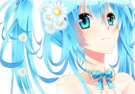 Vocaloid White Flowers Hatsune Miku Blue Eyes Blue Hair Anime Girls Fan