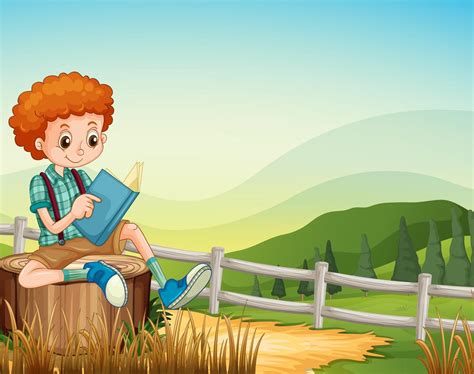 Little Boy Reading Book In The Field 368149 Vector Art At Vecteezy