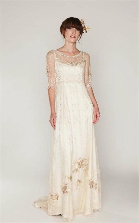 Boho Style Wedding Dress Of Embroidered Netting Over A Double Silk