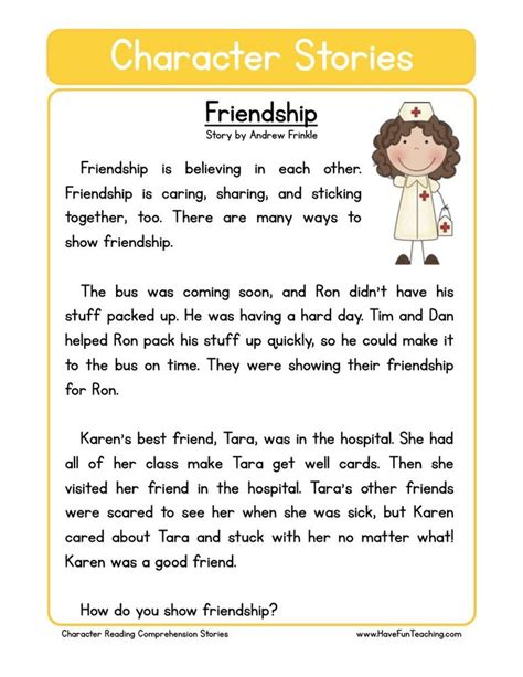 You can find an assortment of printable reading wo. Friendship Character Reading Comprehension Worksheet in ...