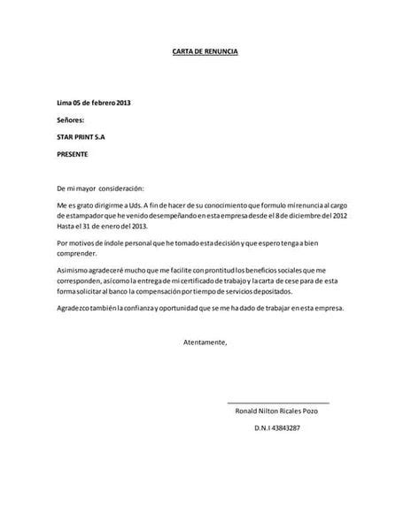 Carta De Resignacion Laboral