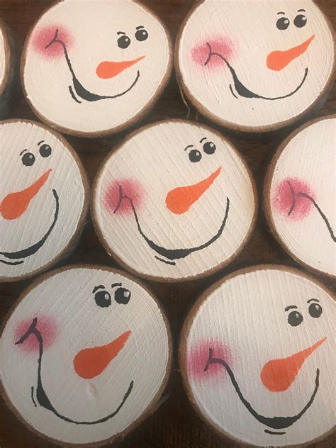 Rustic Natural Birch Wood Slice Hand Painted Snowman Face Etsy Uk