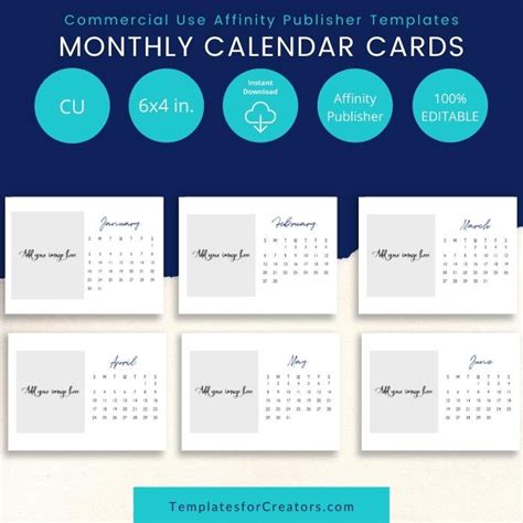 Commercial Use Monthly Calendar Cards Affinity Publisher Templates