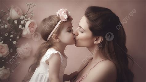 Fondo Mujer Y Su Pequeña Hija Besándose Contra Una Pared Rosa Fondo Imagen Del Dia De La Madre