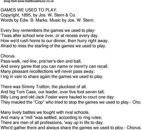 Old Time Song Lyrics For 47 Games We Used To Play