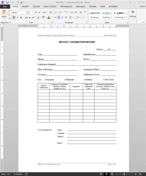 Calibration Log Excel Template
