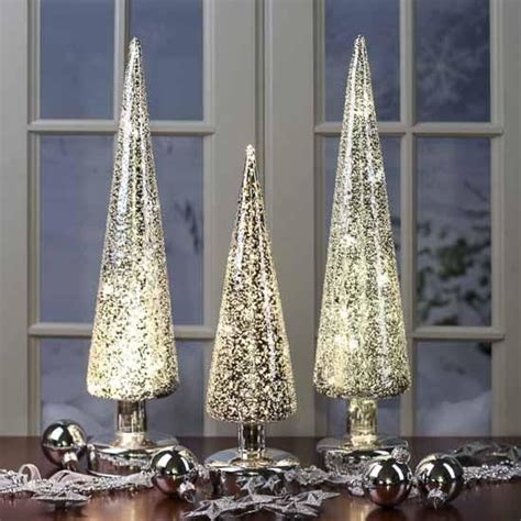 Set Of 3 Silver Northern Lights Mercury Glass Christmas Tree Table Decor Christmas And