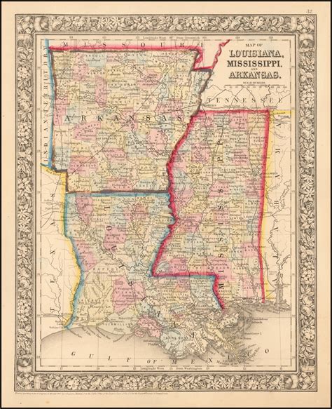 Map Of Louisiana Mississippi And Arkansas 20 Inch By 30 Inch Laminated