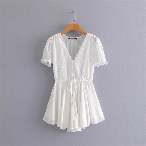 2019 Summer Women Dress White Jacquard Mini Beach Dress Sexy V Neck Short Sleeve Casual Dresses