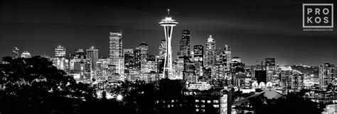 Panoramic Skyline Of Seattle At Night Black And White Art Photo By