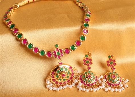 buy gorgeous semi precious ruby emerald gold plated south indian style necklace set online