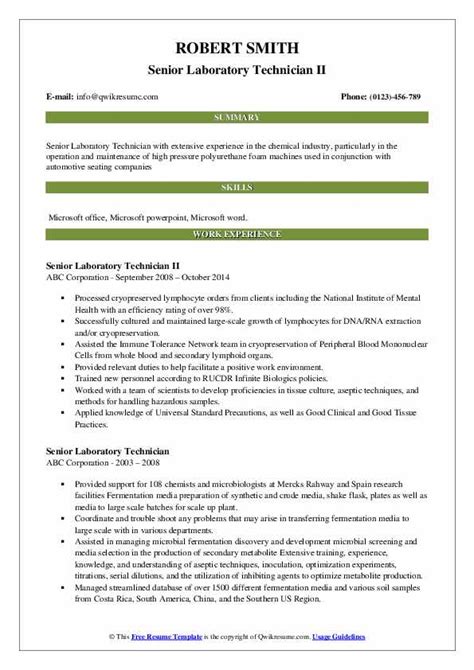 A good cover letter begins by laying out who you are, the job you want, and why you are cover letter content dear hiring manager's name, my solid laboratory and research background, along with my passion for meticulous execution, make me an. Senior Laboratory Technician Resume Samples | QwikResume