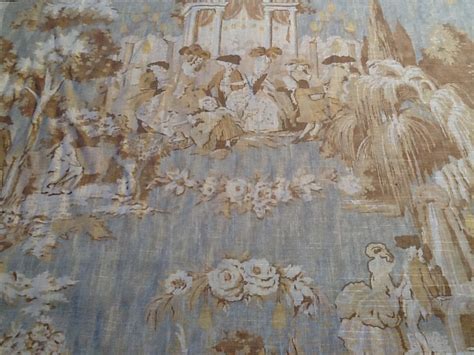 Linen upholstery fabric has luxurious look and is appreciated by those loving natural materials. Toile Colonial Print Linen Fabric Sky Blue Drapery Fabric ...
