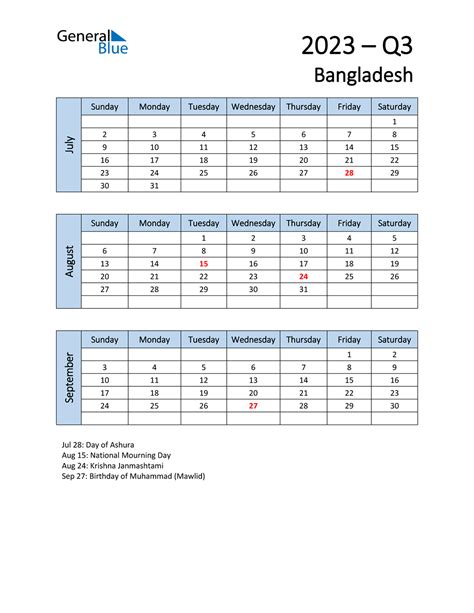 Q3 2023 Quarterly Calendar With Bangladesh Holidays