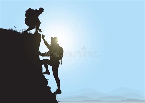 Silhouette Of Two People Hiking Climbing Mountain And Helping Each
