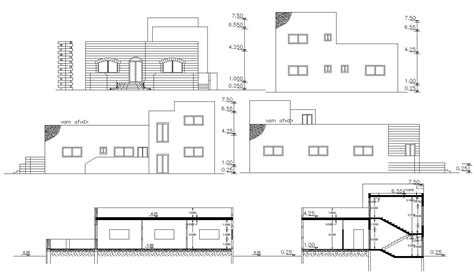 Single Story Simple Elevations And Sections Of House Building Cadbull