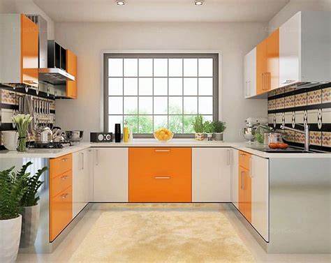 If you want to experiment with colour, go for hues of blue, green, red, orange, black and silver, and cabinet finishes in acrylic and laminate. U-shaped kitchen with orange and white cabinets and large window | Kitchen furniture design ...