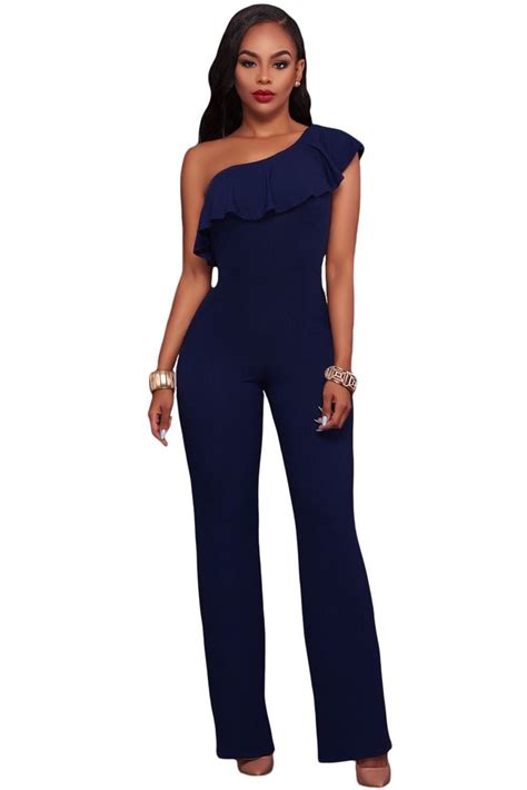 Navy Blue One Shoulder Ruffle Jumpsuit Jumpsuits For Women Jumpsuit