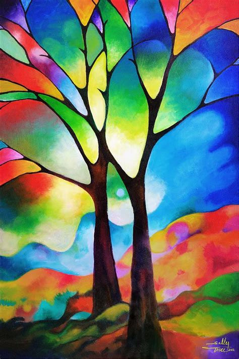 Two Trees Painting Two Trees Fine Art Print By Sally