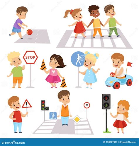 Cute Smiling Boys and Girls Crossing Streets and Learning Road Signs