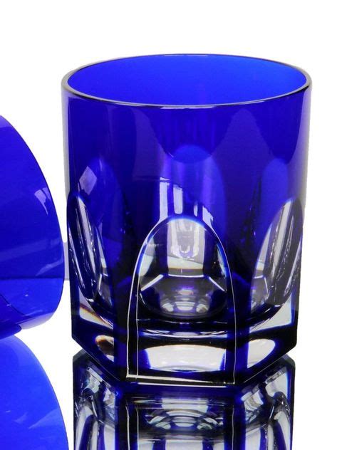 2x Crystal Whiskey Glasses With Cobalt Blue Overlay Whisky Low Ball Tumblers