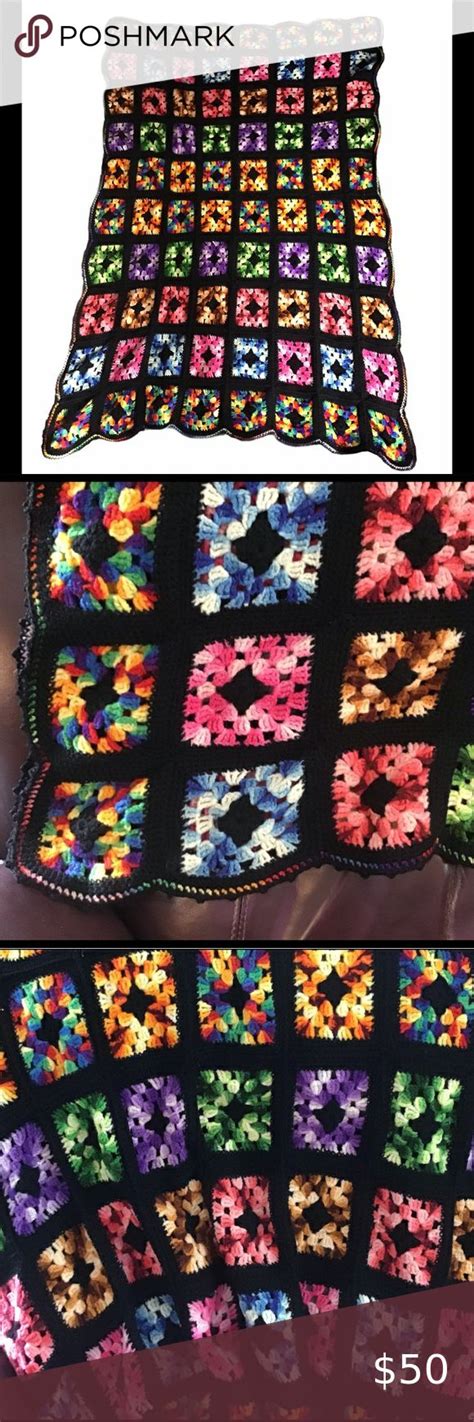 Vtg Afghan Granny Square Black Crochet Throw Black Crochet Crochet