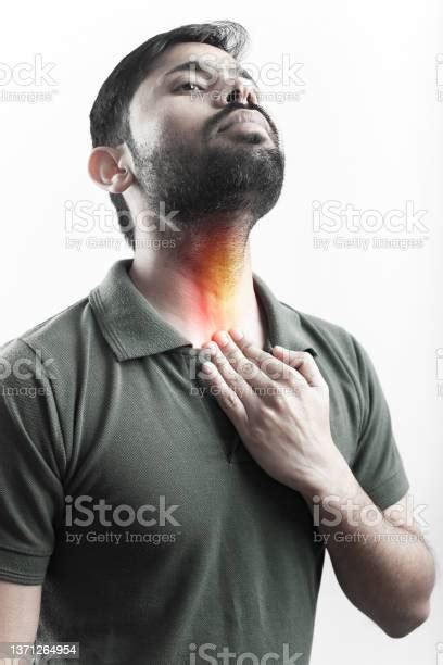 Male Thyroid Throat Pain With Red Highlight On Thyroid Zone Stock Photo