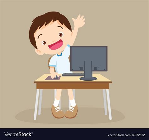 Student Boy Learning Computer Hand Up Vector Image On Vectorstock