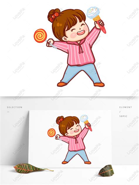 Painted Cute Girl Eating Lollipop And Ice Cream Png Transparent Image