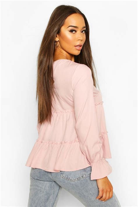 Woven Ruffle Long Sleeve Smock Top Boohoo In 2020 Long Sleeve