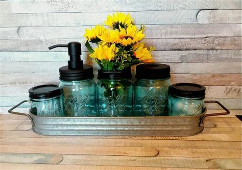 Home basics 4 piece dolomite mason jar bath set. 6 Piece Rustic Farmhouse Aqua Mason Jar Bathroom Set with ...