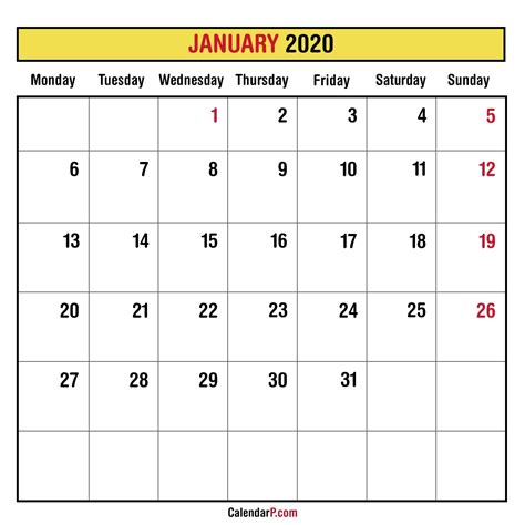 Printable 2020 Monthly Calendar Monday Start Calendar Template Printable