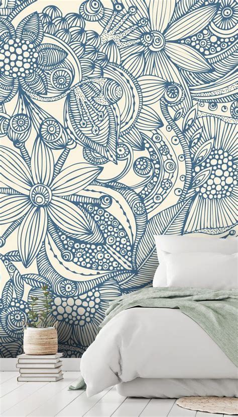 Flowers And Doodles Blue Wall Mural Wallsauce Us Mural Wallpaper