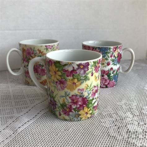 Vintage China Cups In Chintz Pattern Floral Ceramic Mugs Three