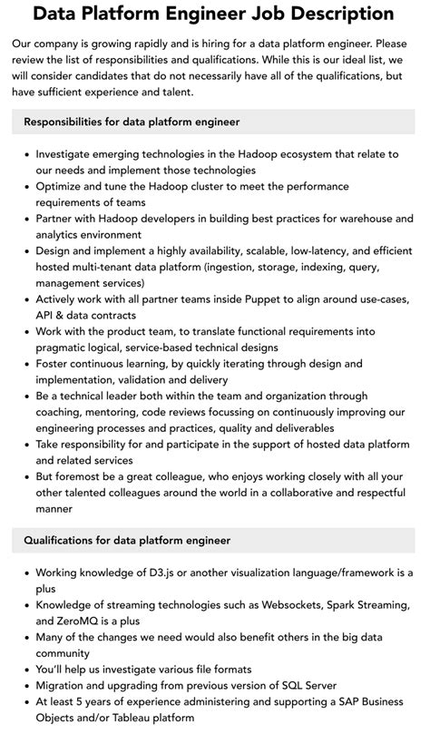 Data Platform Engineer Job Description Velvet Jobs