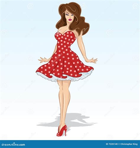 beautiful brunette model in a red polka dot dress stock vector illustration of body hairstyle